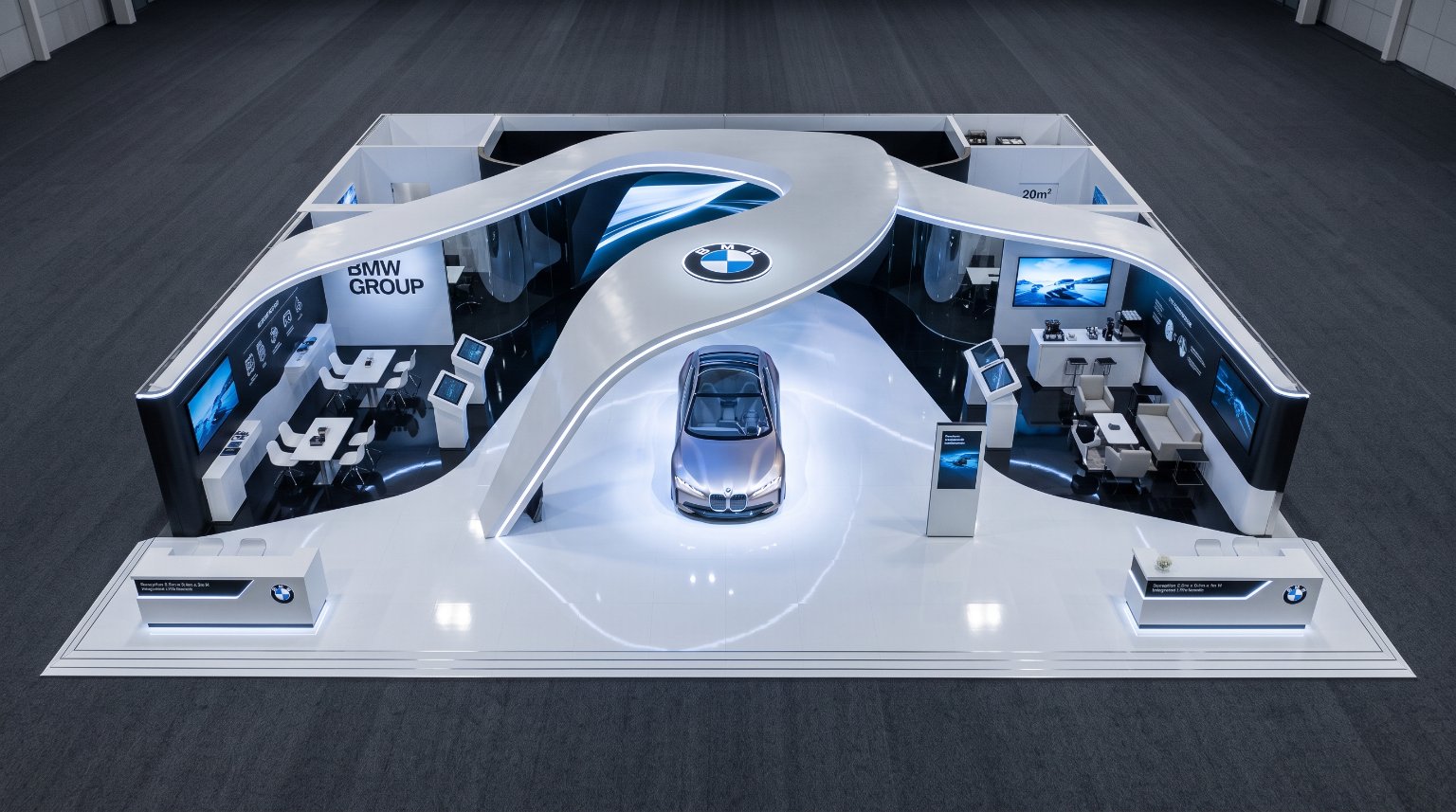 AI-generated exhibition booth concept for an automotive brand — double-height sculptural canopy over an open vehicle reveal deck