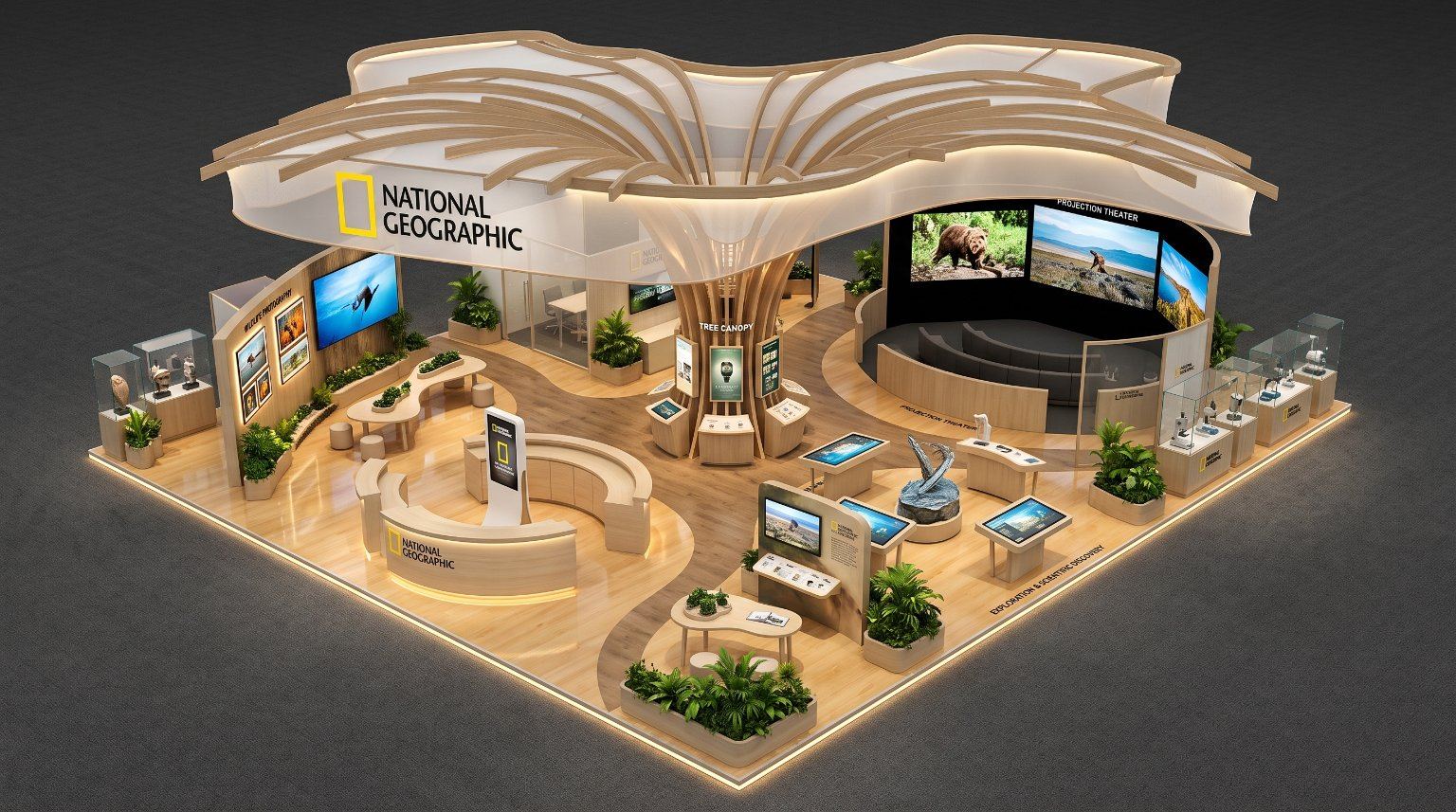 AI-generated exhibition booth concept for a media brand — organic timber lattice canopy over a projection theater and discovery zone