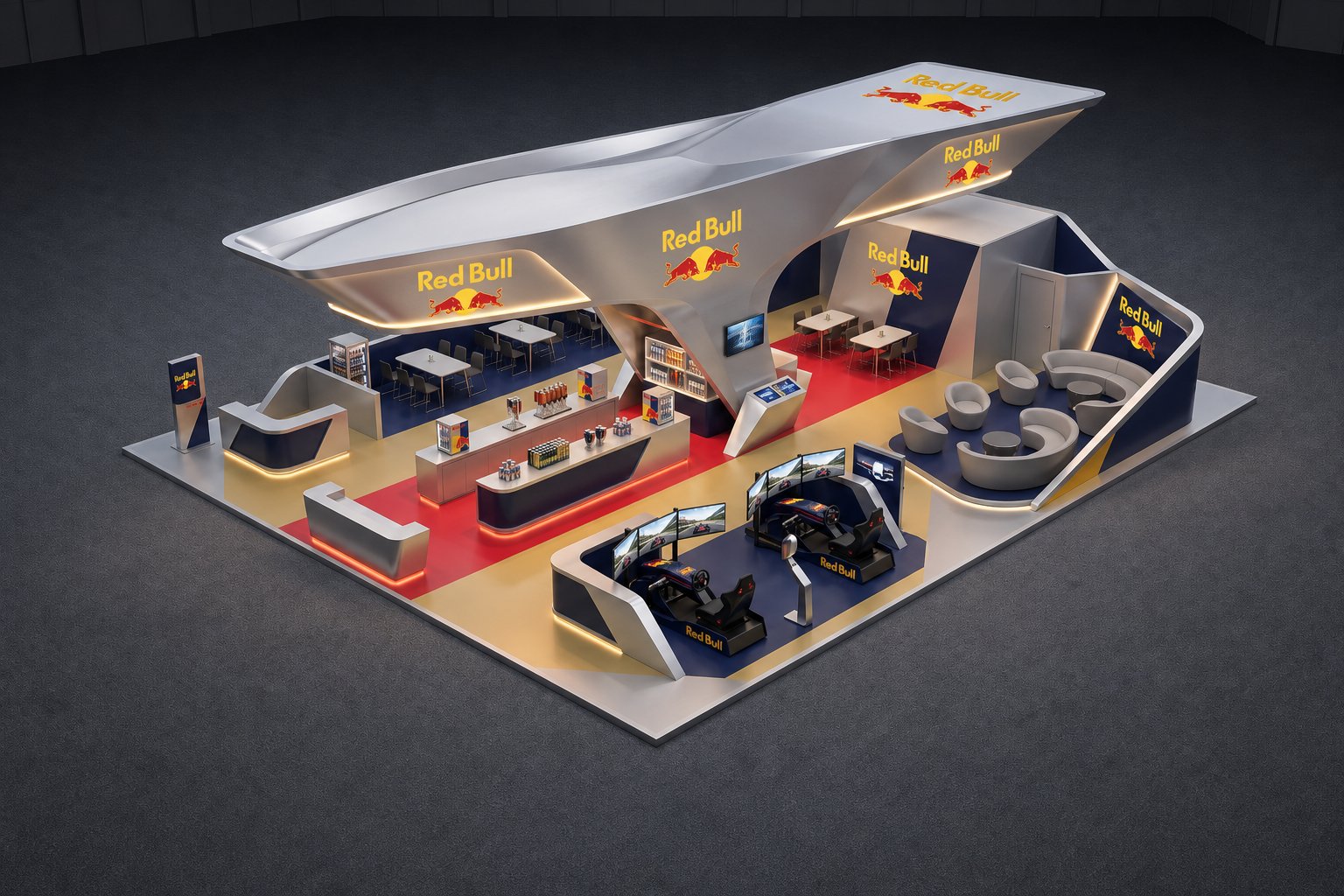AI-generated exhibition booth concept for a beverage brand — sculptural wing-form canopy over a simulator lounge and hospitality bar