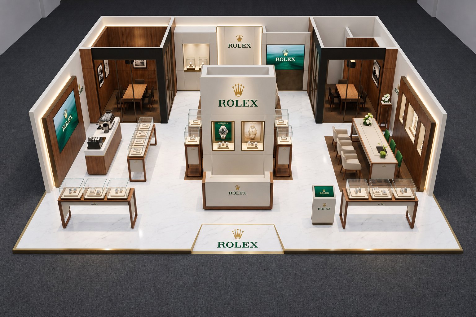 AI-generated exhibition booth concept for a luxury watch brand — warm walnut showroom with central display core and private consultation rooms
